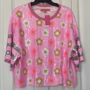 Simple Southern Pink Sequin Floral Top with Silver Stripes